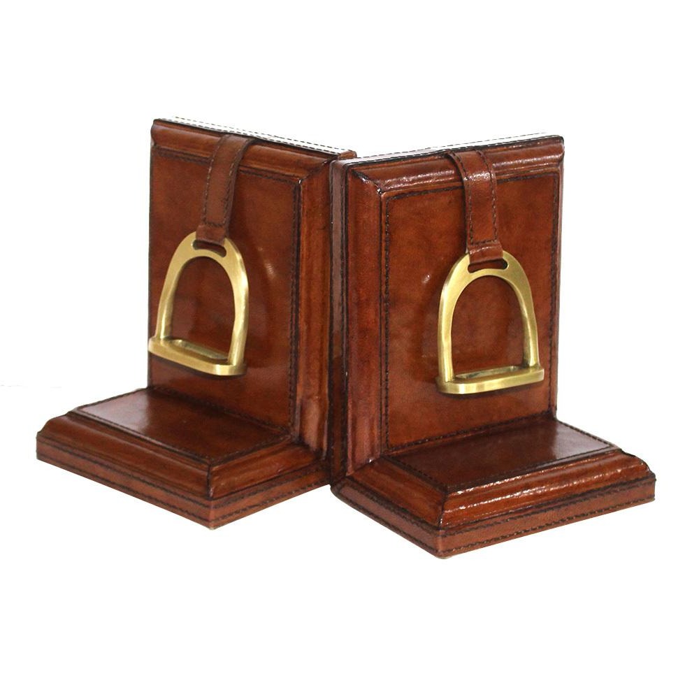 Set of 2 Tan Leather Bookends with Stirrup - Small - Notbrand
