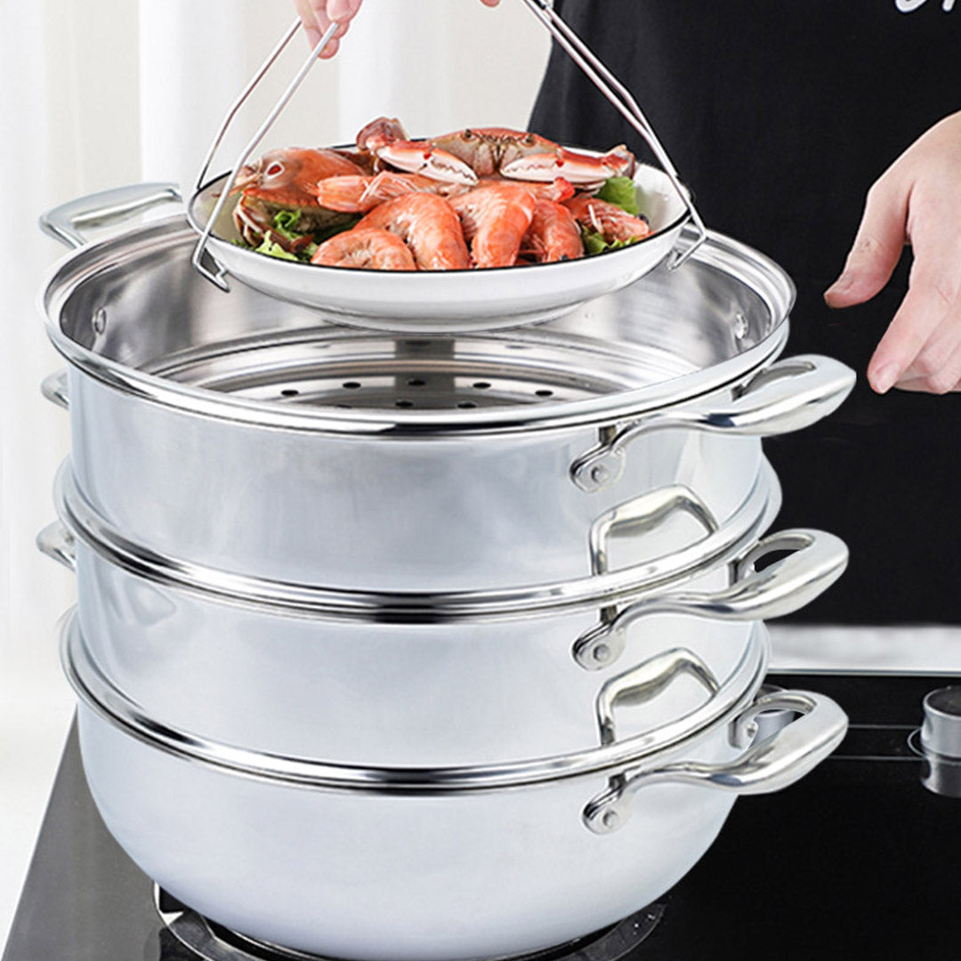 3 Tier Stainless Steel Food Steamer With Glass Lid - 26cm - Notbrand