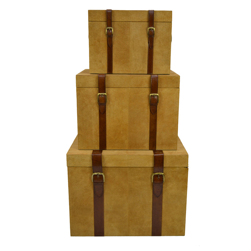 Ioguss Set of 3 Tan Suede Leather Trunk Set - Notbrand
