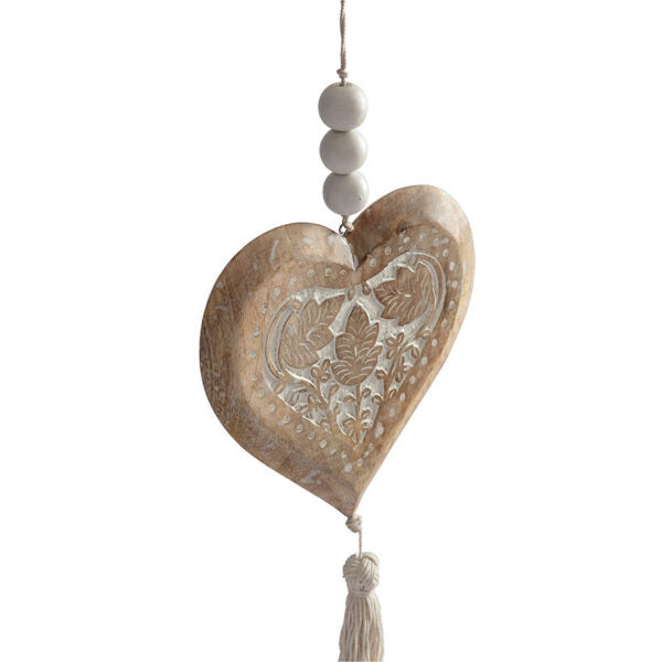 Handcrafted Mango Wood Heart with Beads & Tassle - 73cm - Notbrand