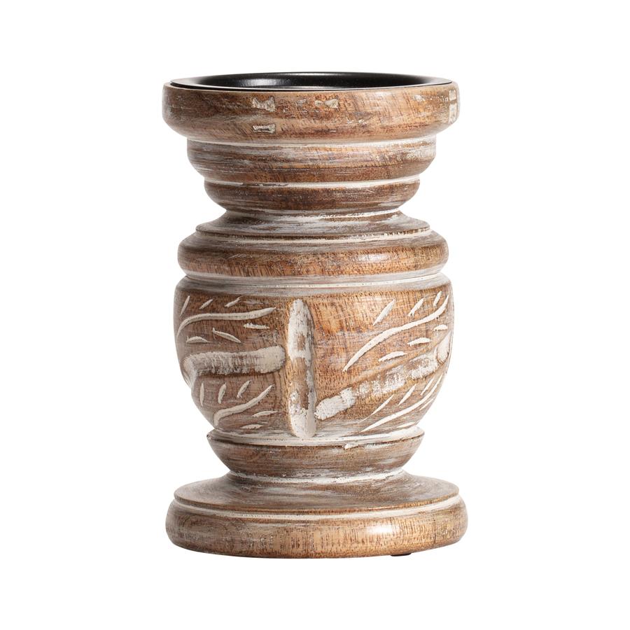 Handcrafted Mangowood Carved Pillar Candleholder - Whitewash - Notbrand