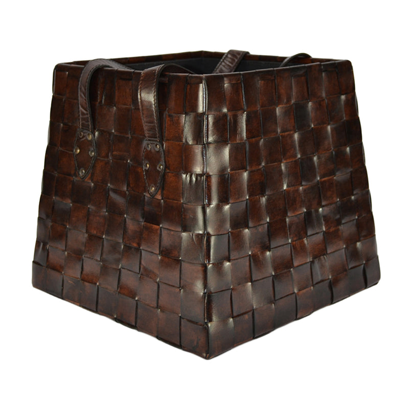 Fanciful Dark Leather Weaving Magazine Basket - Notbrand