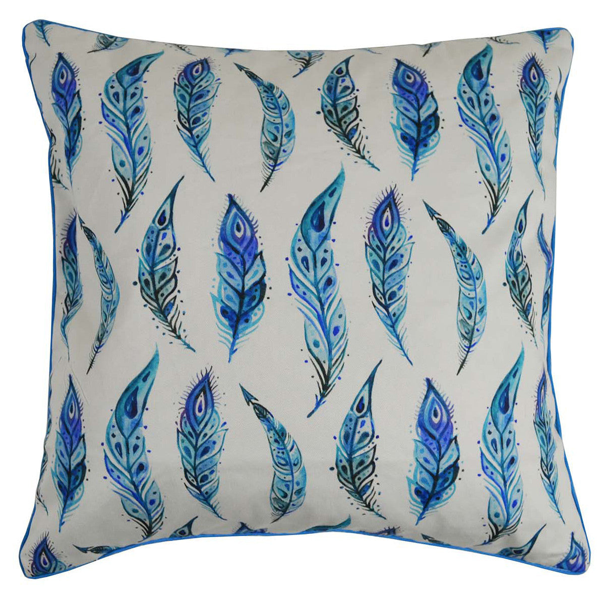 Blue Feathers Cotton Cushion Cover with piping - Notbrand