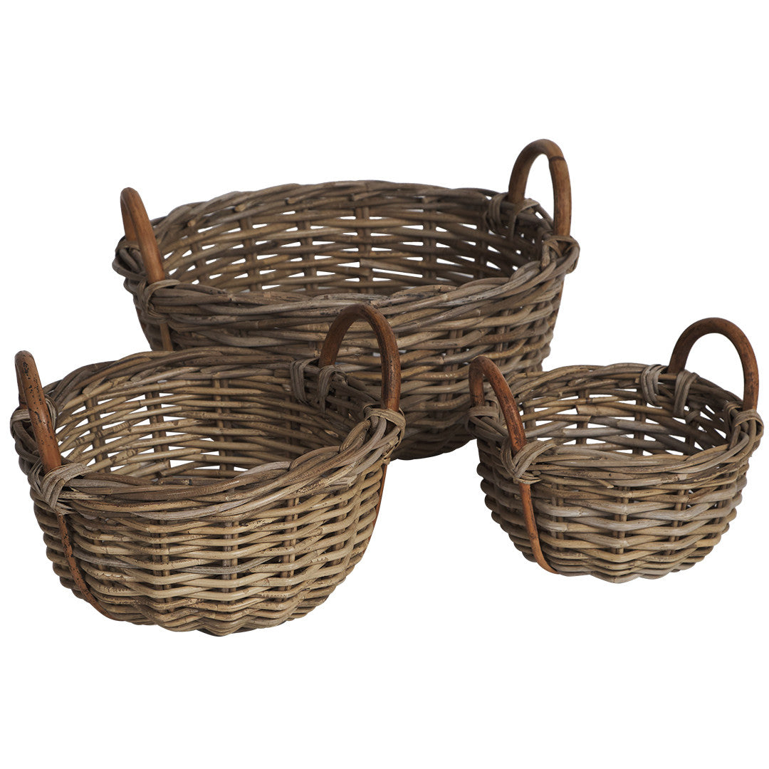 Set of 3 Corbeille Rattan Handle Baskets - Grey - Notbrand