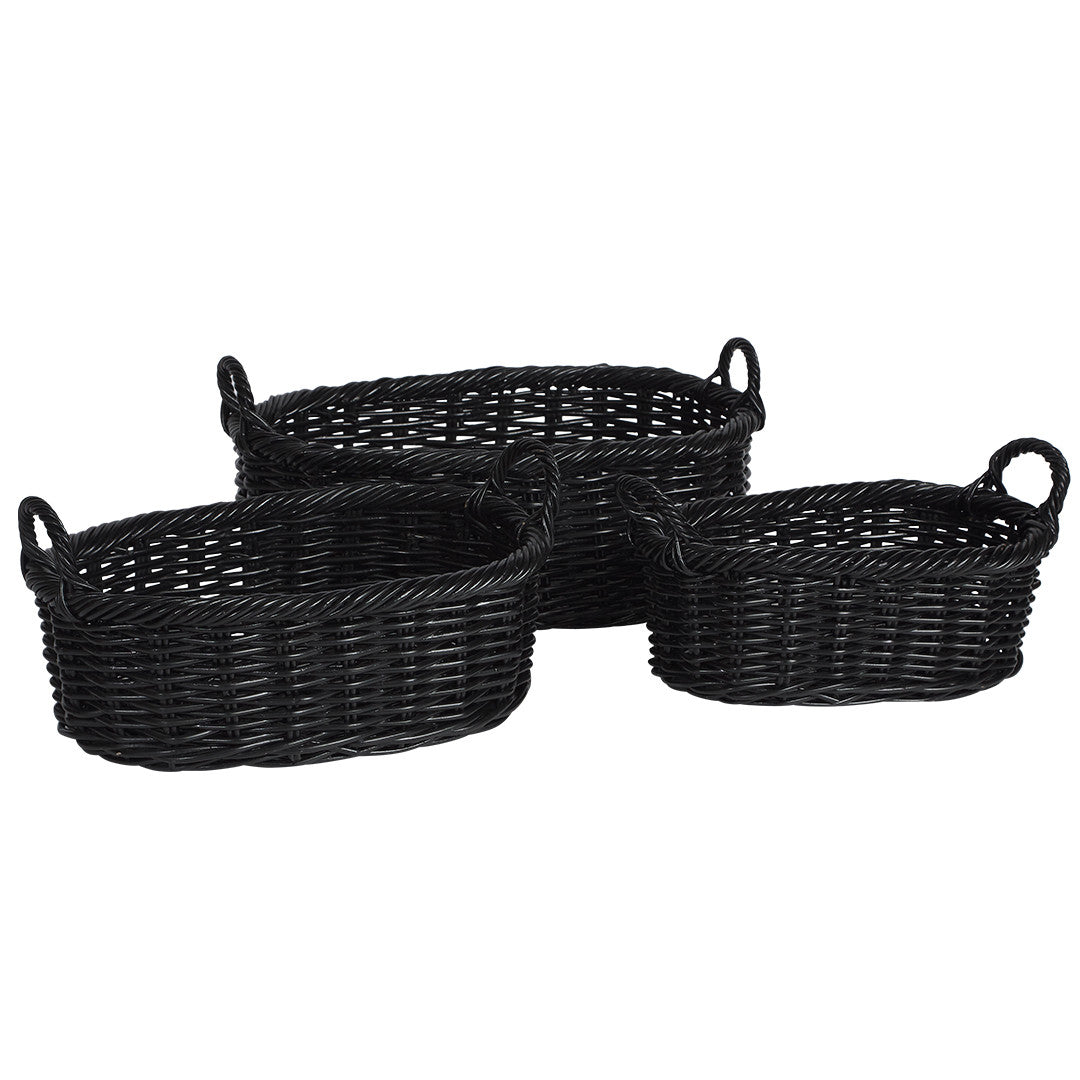 Set of 3 Corbeille Oval Rattan Baskets - Black - Notbrand
