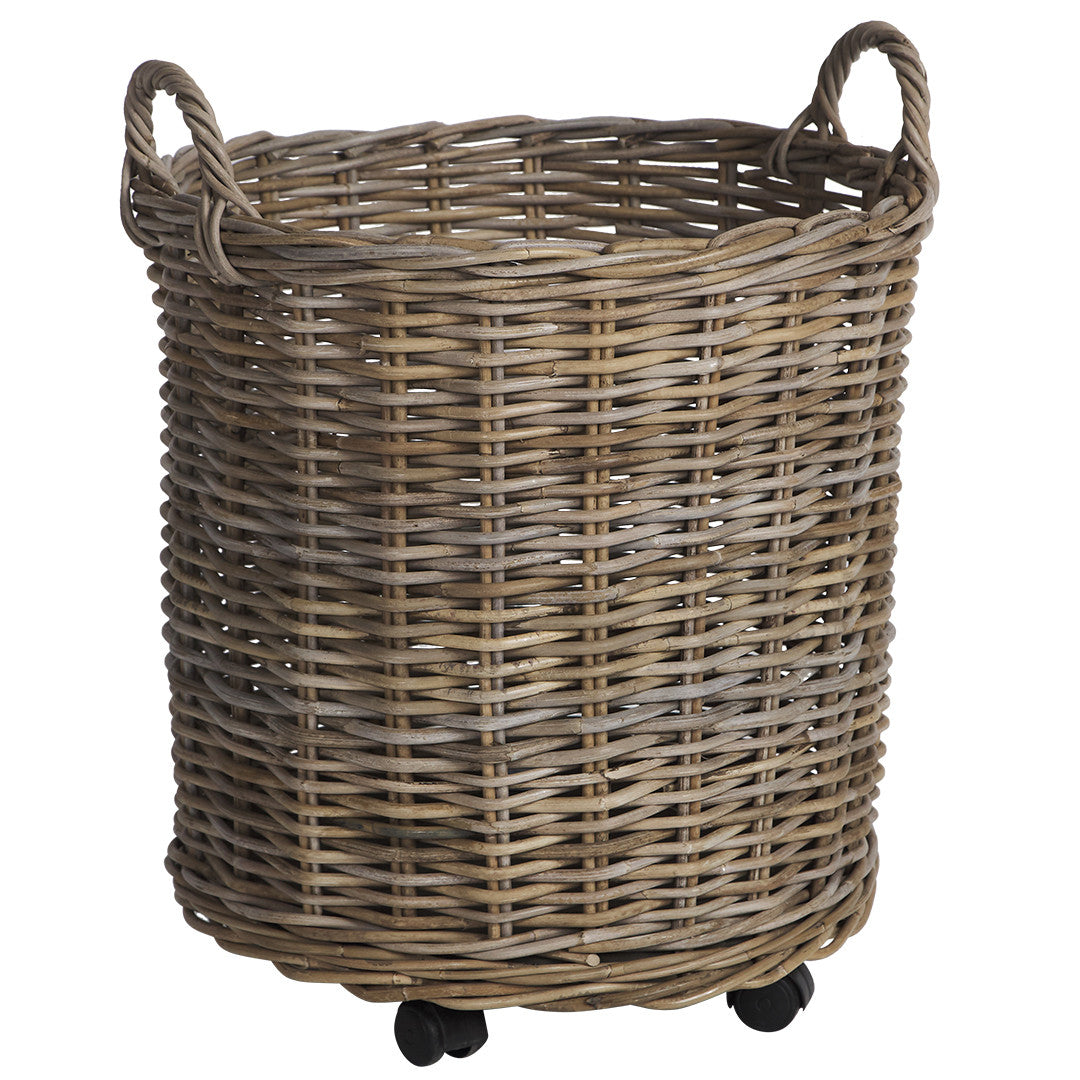 Set of 2 Corbeille Round Wheely Rattan Baskets - Grey - Notbrand