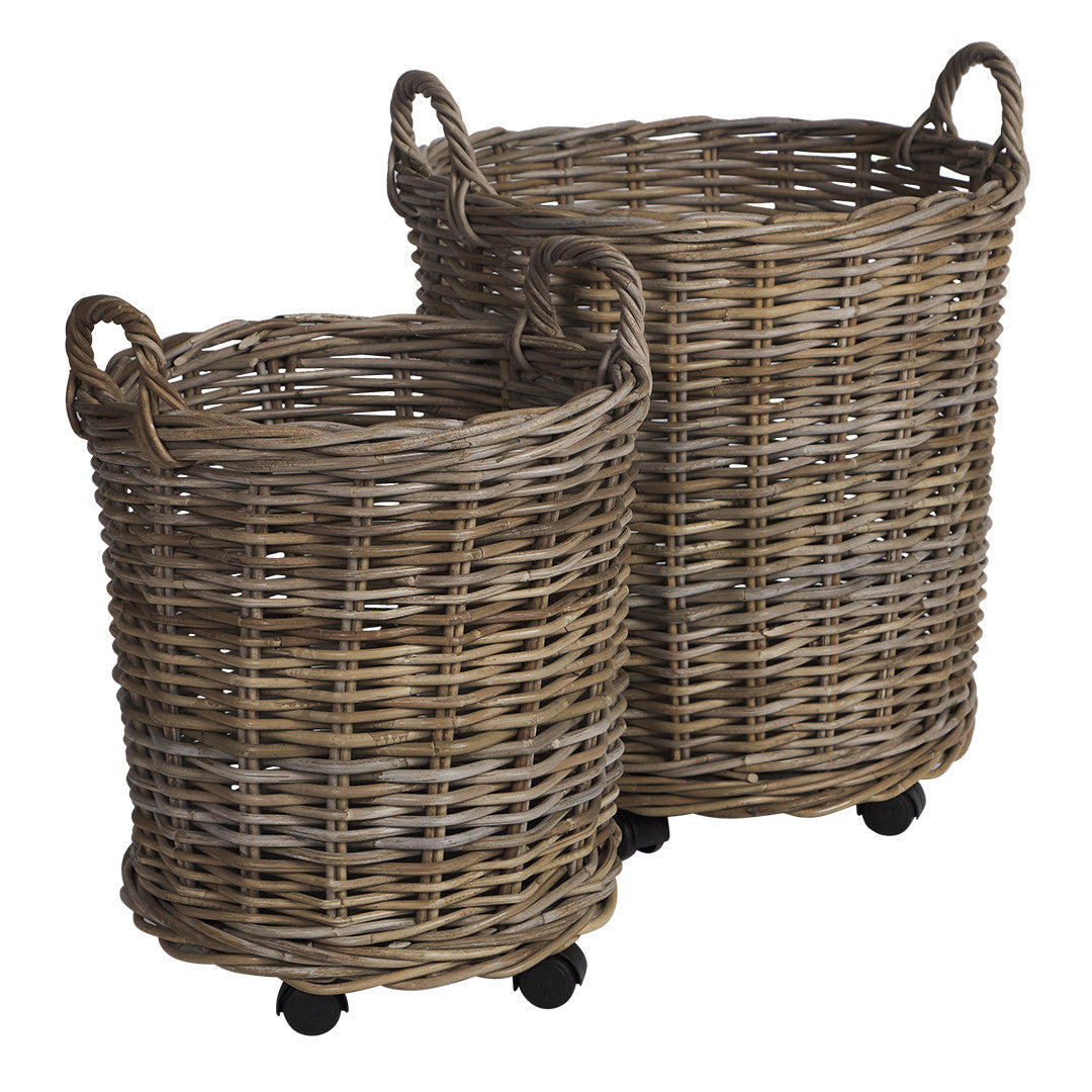 Set of 2 Corbeille Round Wheely Rattan Baskets - Grey - Notbrand
