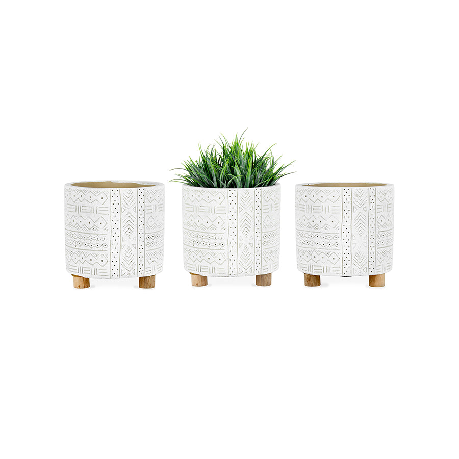 Set of 3 Hamptons Free-Hand Pot Planters - White & Natural - Notbrand