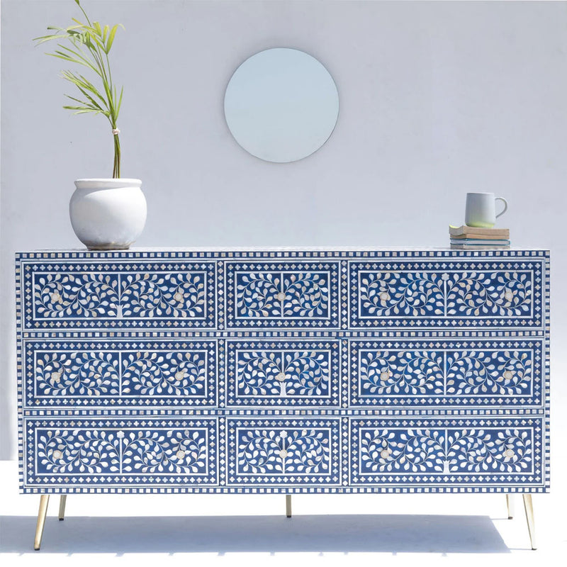 Alok Bone Inlay Floral Design Sideboard in Blue - 9 Drawers - Notbrand