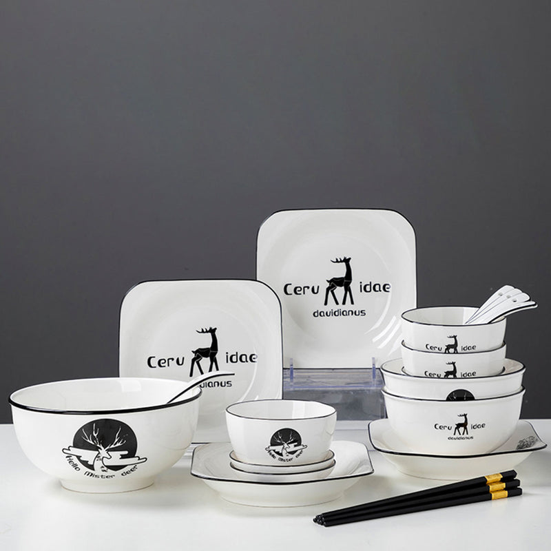 Antler Printed Ceramic Dinnerware With Square Plates - Set of 13 - Notbrand