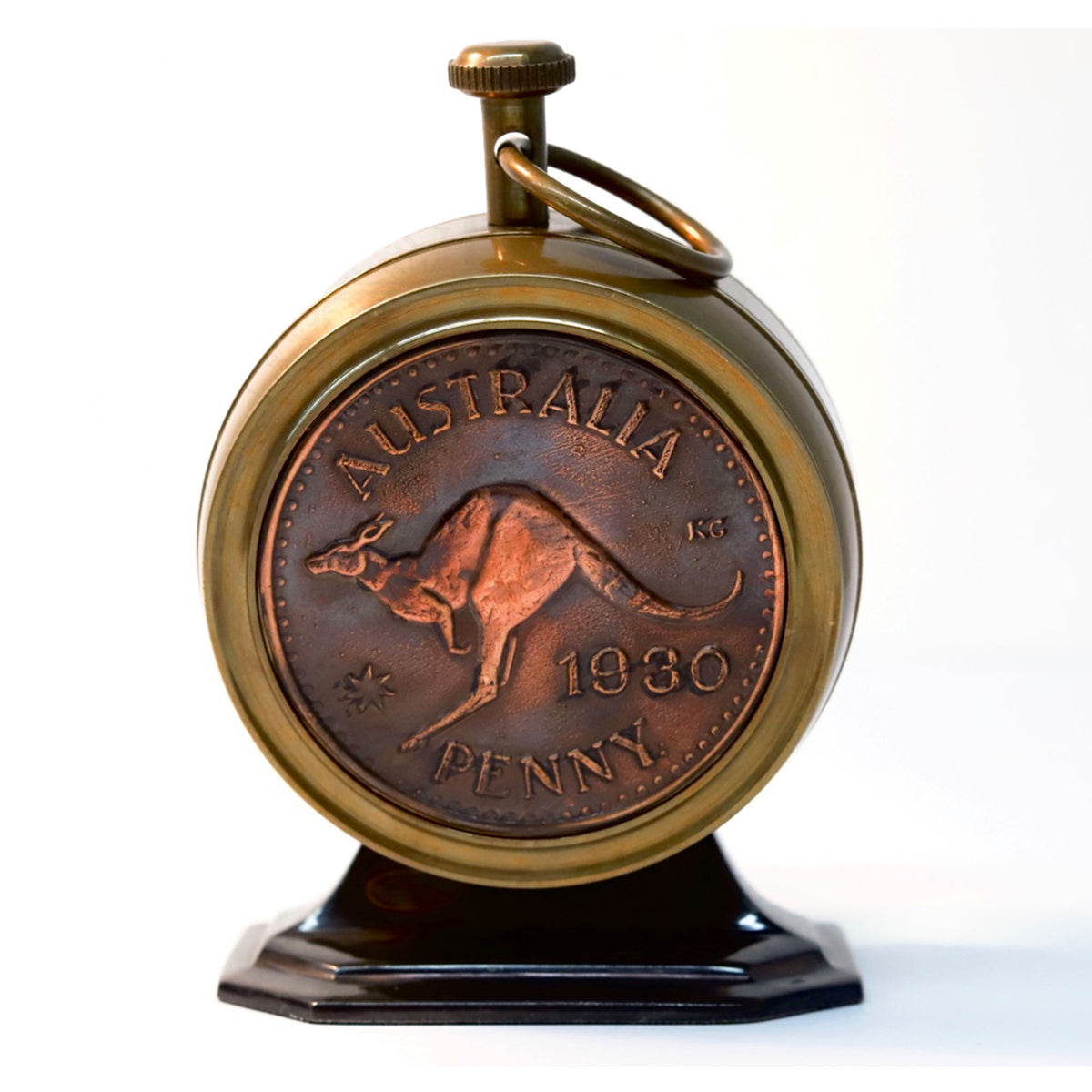 Australian 1930 Penny Curved Glass Table Clock - Brass - Notbrand
