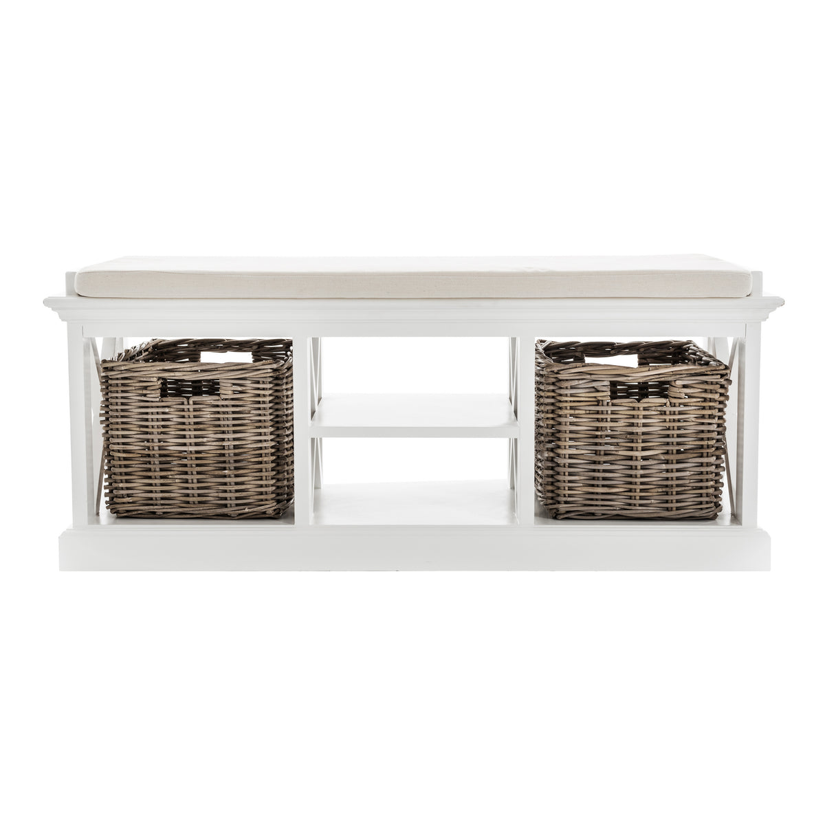 Halifax Mahogany Timber Bench with 2 Rattan Baskets - Classic White - Notbrand