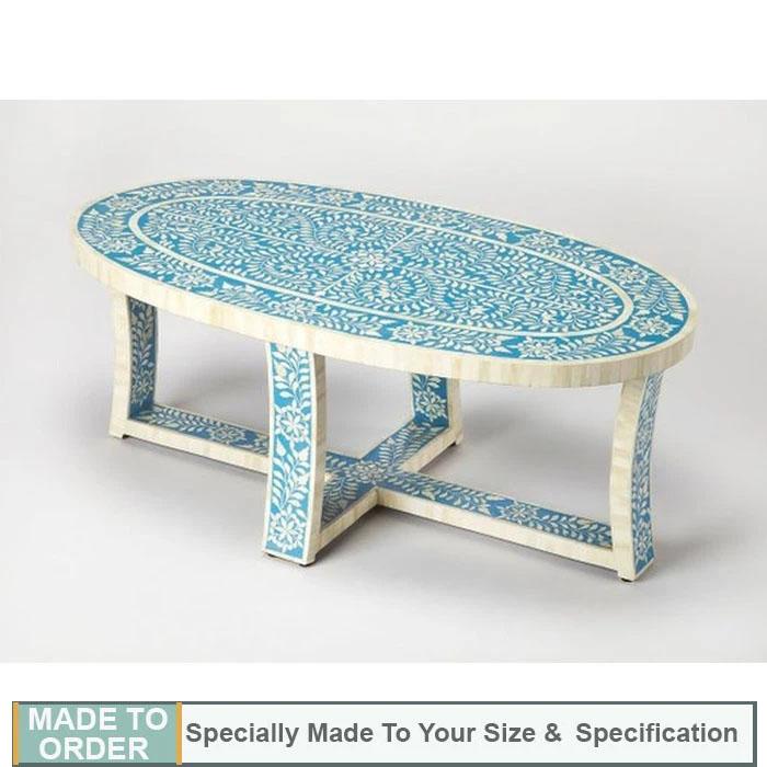 Benito Oval Floral Design Bone Inlay Coffee table in Blue - Notbrand