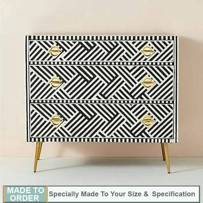 Shirlee Bone Inlay Chest of 3 Drawers Dresser Buffet Stripe Line Design Black - Notbrand