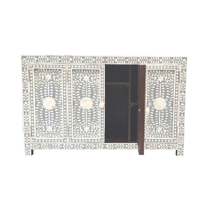Bone Inlay 4 Door Sideboard / Buffet Table Floral Design in Grey - Notbrand