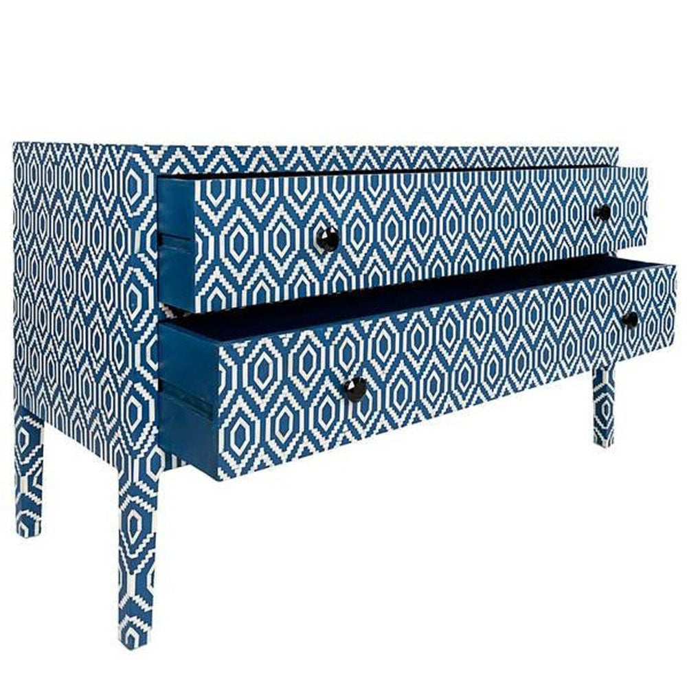 Bone Inlay Chest of 2 Drawers Ikkat in Blue, Bone Inlay dresser, commode, bone inlay furniture, handmade, furniture - Notbrand