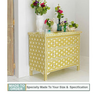 Sneha Bone Inlay Chest of 3 Drawers Floral Pattern Mustard Colour - Notbrand