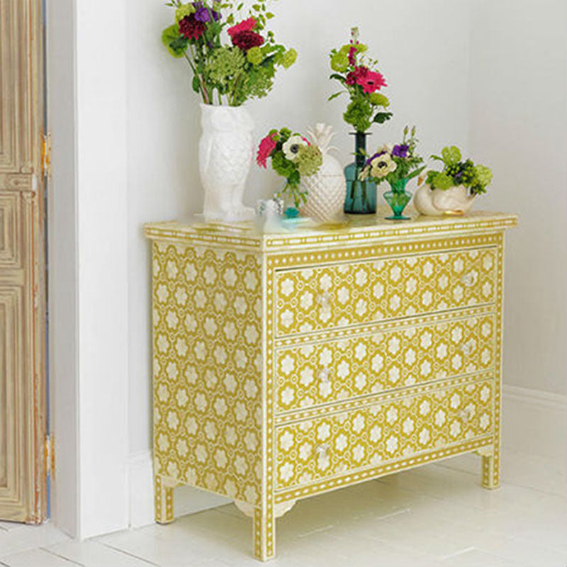 Sneha Bone Inlay Chest of 3 Drawers Floral Pattern Mustard Colour - Notbrand