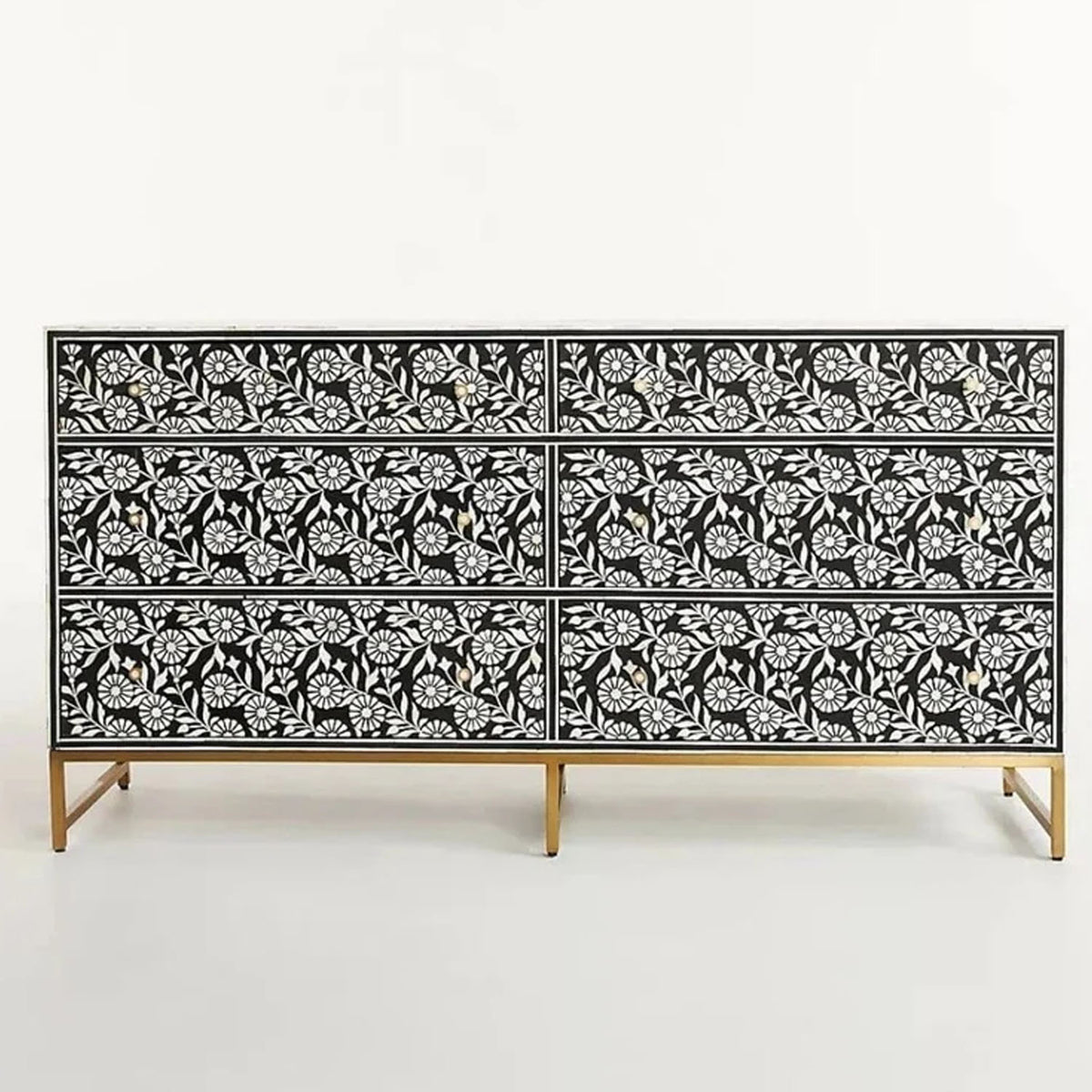 Bone Inlay Chest of 6 Drawer Black White Floral Commode Dresser Sideboard handCrafted Home Decor Inlay Furniture by Bright Handicrafts - Notbrand
