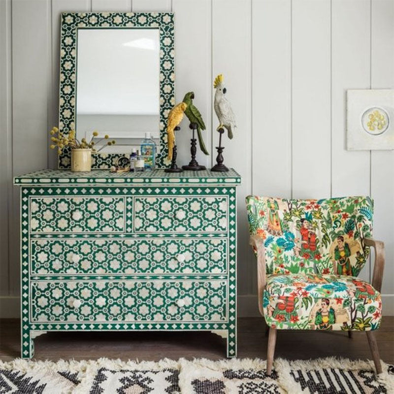 Yash Bone Inlay Chest of 4 Drawers Floral Pattern Jade Green - Notbrand