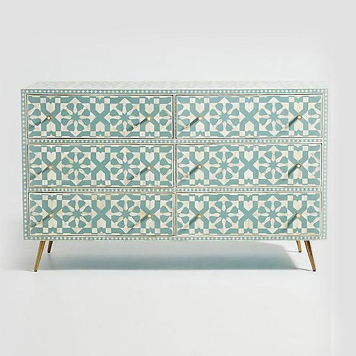 Bone Inlay Moroccan Design 6 Drawers Chest of Drawers Green, Bone Inlay Moroccan Design 6 Drawers Dresser Table, Storage Unit - Notbrand