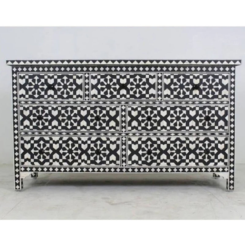 Moroccan Bone Inlay Sideboard in Black - 7 Drawers - Notbrand