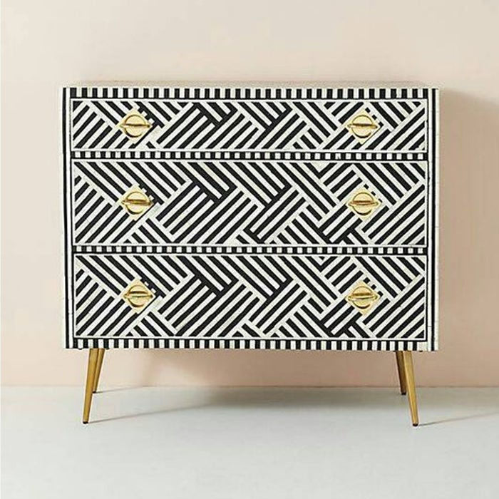 Shirlee Bone Inlay Chest of 3 Drawers Dresser Buffet Stripe Line Design Black - Notbrand