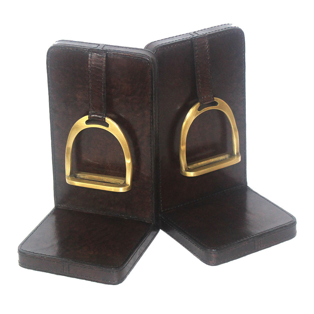 Set of 2 Dark Leather Bookends with Stirrup - Large - Notbrand