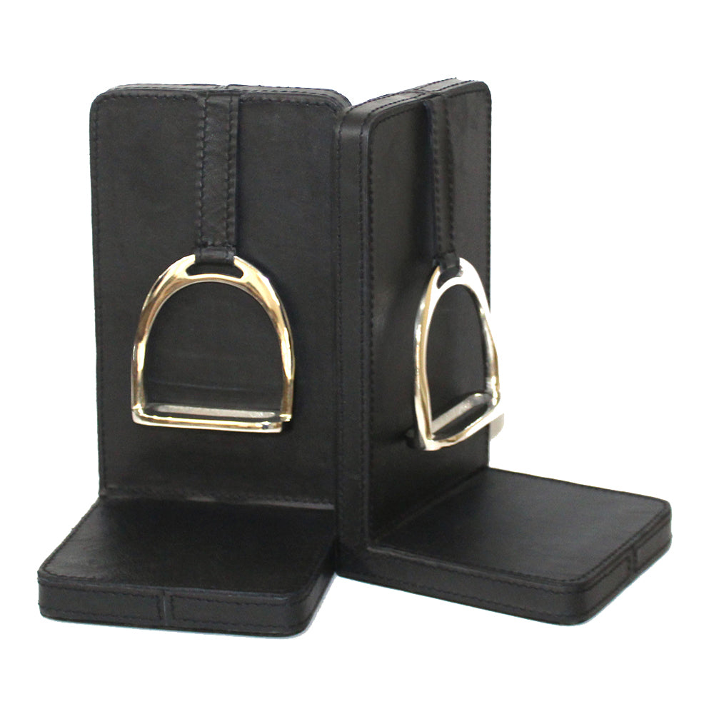 Set of 2 Black Leather Bookends with Stirrup - Large - Notbrand