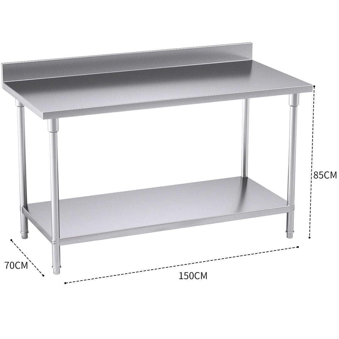 Stainless Steel Kitchen Bench Table With Backsplash - 150*70*85cm - Notbrand