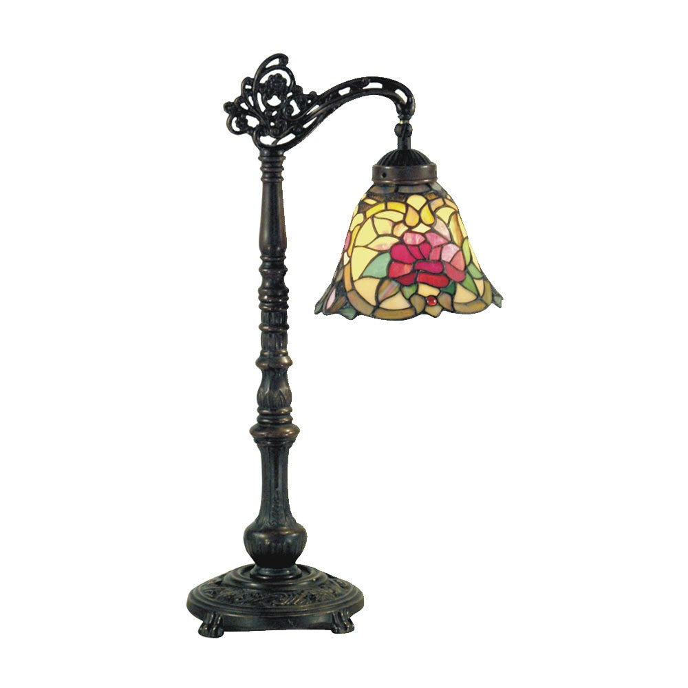 Red Camellia Tiffany Style Table Lamp In Bronze Base - Notbrand