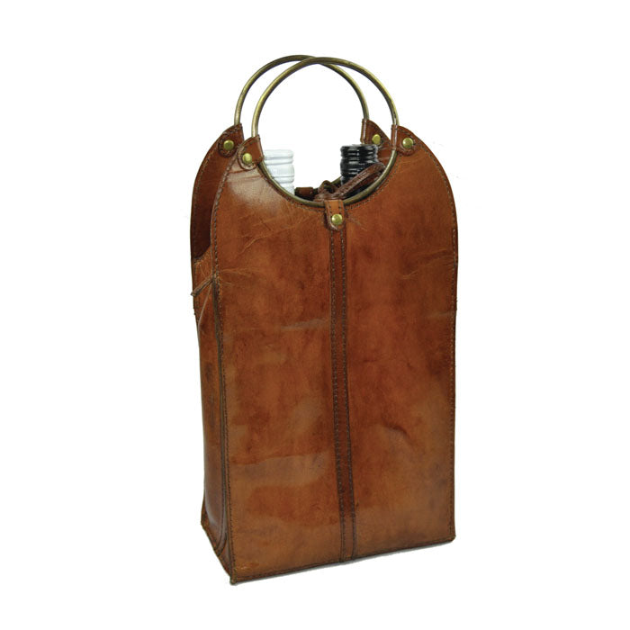 Sarielle Tan Leather Double Wine Holder with Ring Handles - Notbrand