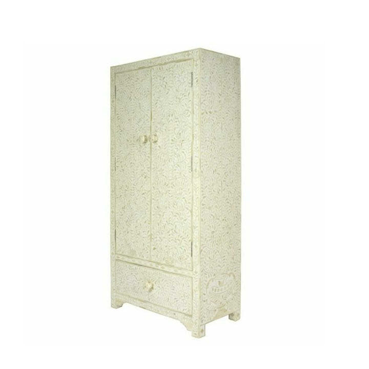 Miraya Floral Design Bone Inlay Almirah Cabinet Wardrobe in White - Notbrand