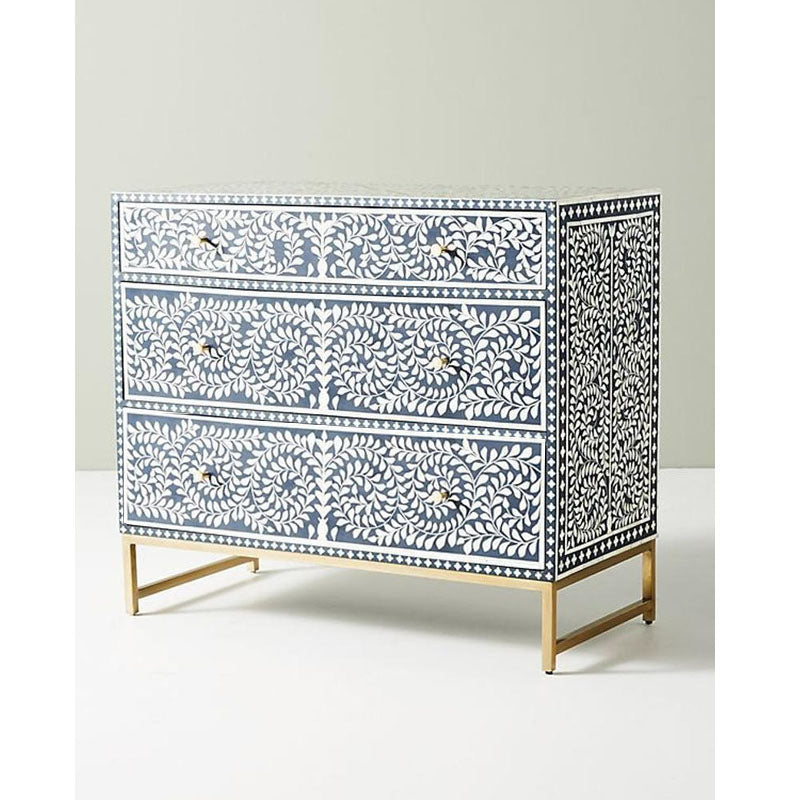 Floral Handmade Bone Inlay Chest of 3 Drawers in Navy Blue - Notbrand