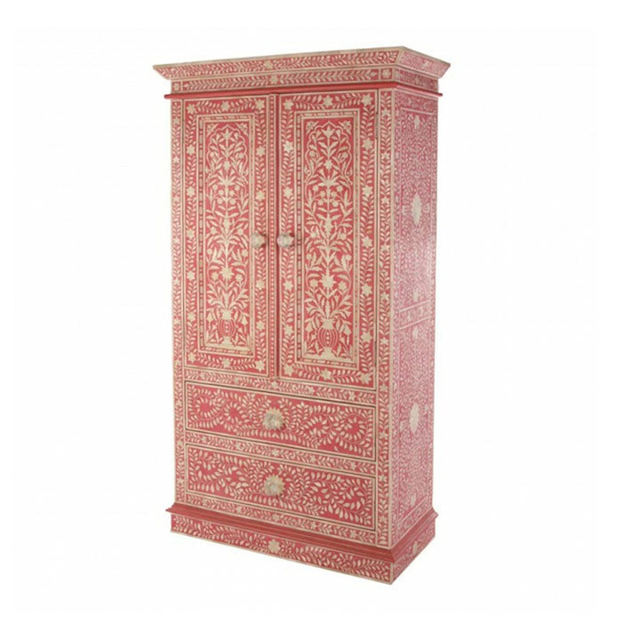 Kiara Floral Design Bone Inlay Almirah Cabinet Wardrobe in Pink - Notbrand