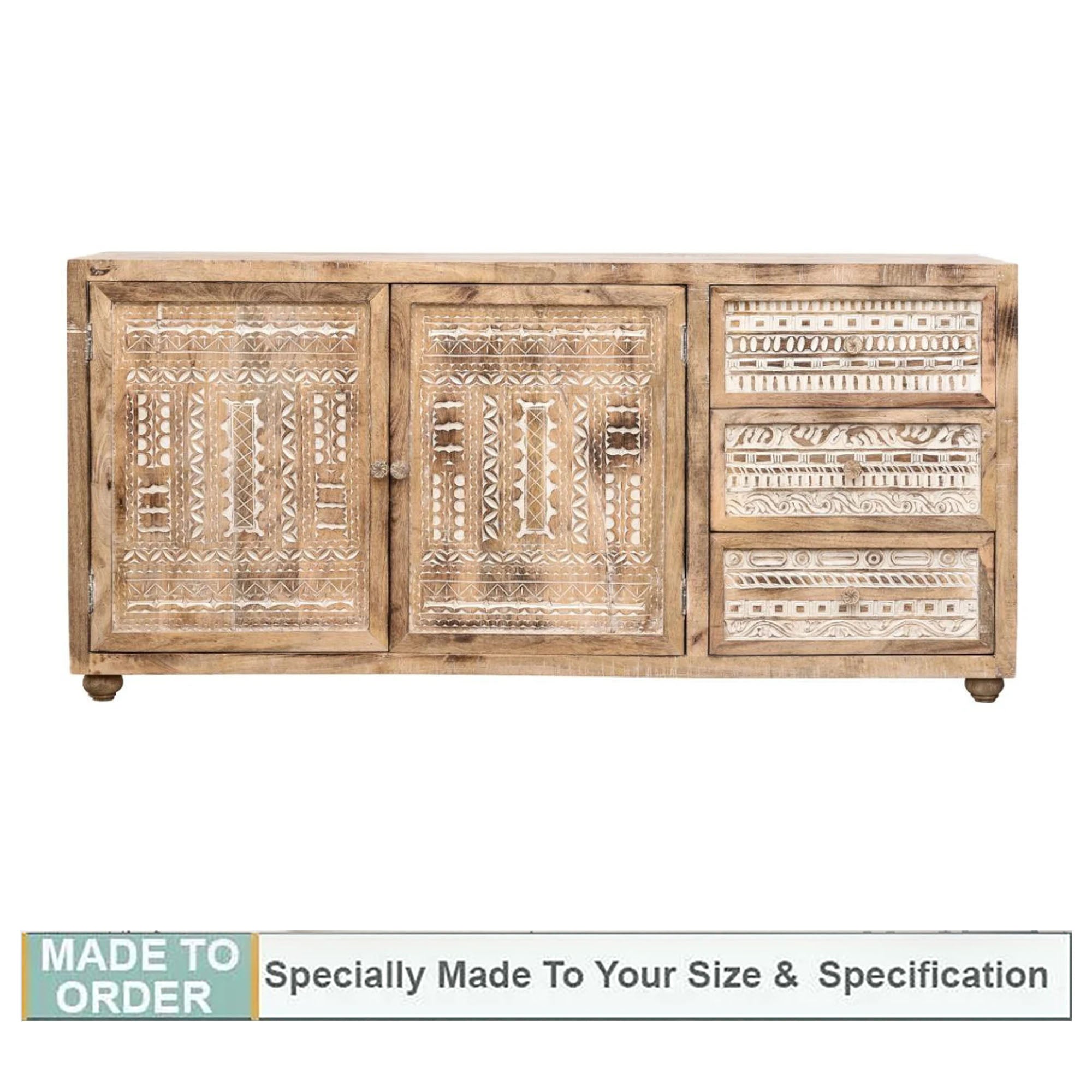Frensco Hand Carved Wooden Sideboard - Natural & White - Notbrand