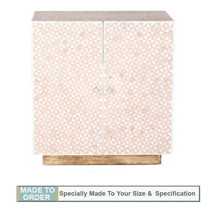 Geometric Design Mother of Pearl Cabinet with Brass Polished Base in Light Pink - Notbrand