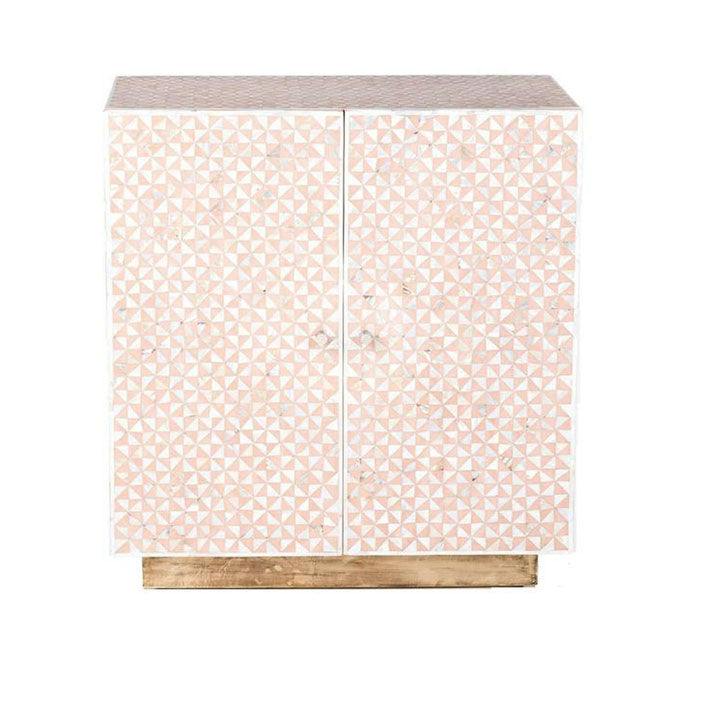 Geometric Design Mother of Pearl Cabinet with Brass Polished Base in Light Pink - Notbrand