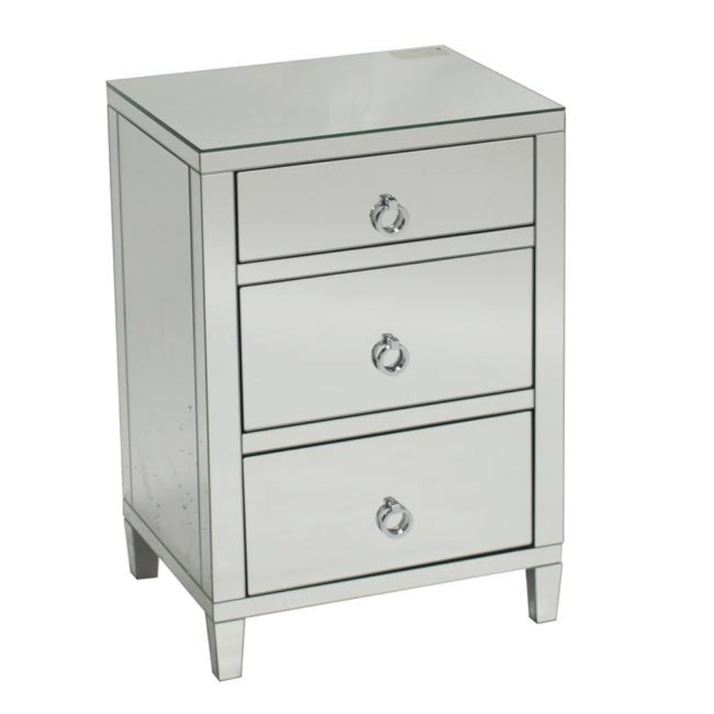 Glamour Mirrored Timber Bedside Table - 3 Drawer - Notbrand