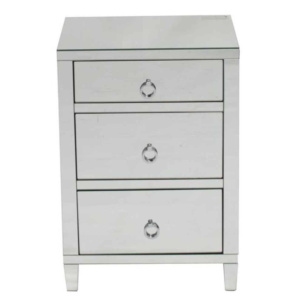Glamour Mirrored Timber Bedside Table - 3 Drawer - Notbrand