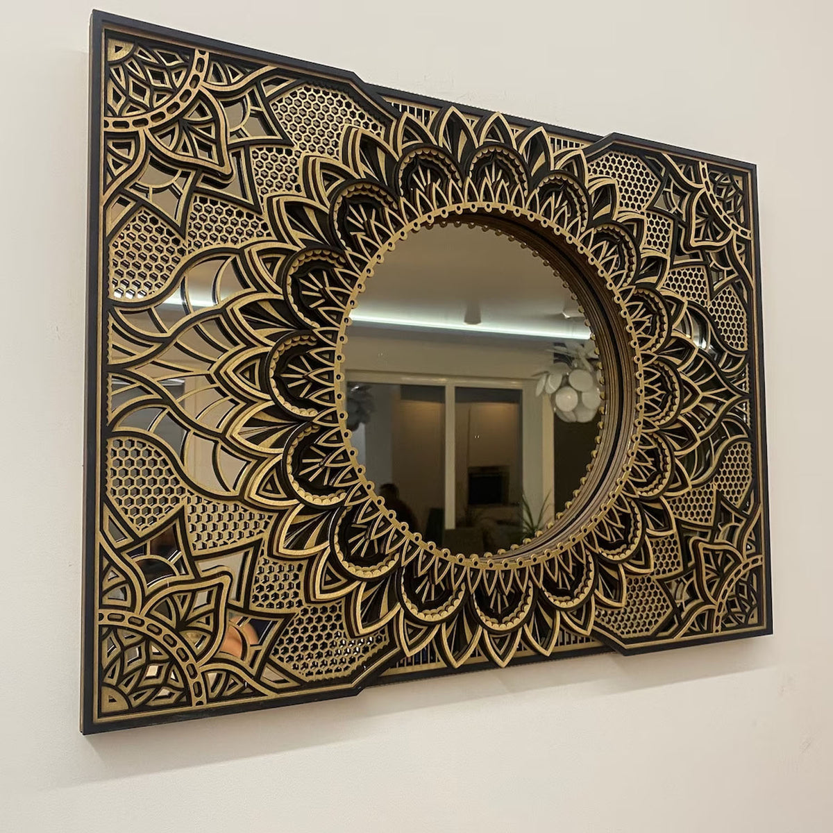Hetel Wooden Mandala Ornate Mirror - Black/Gold - Notbrand
