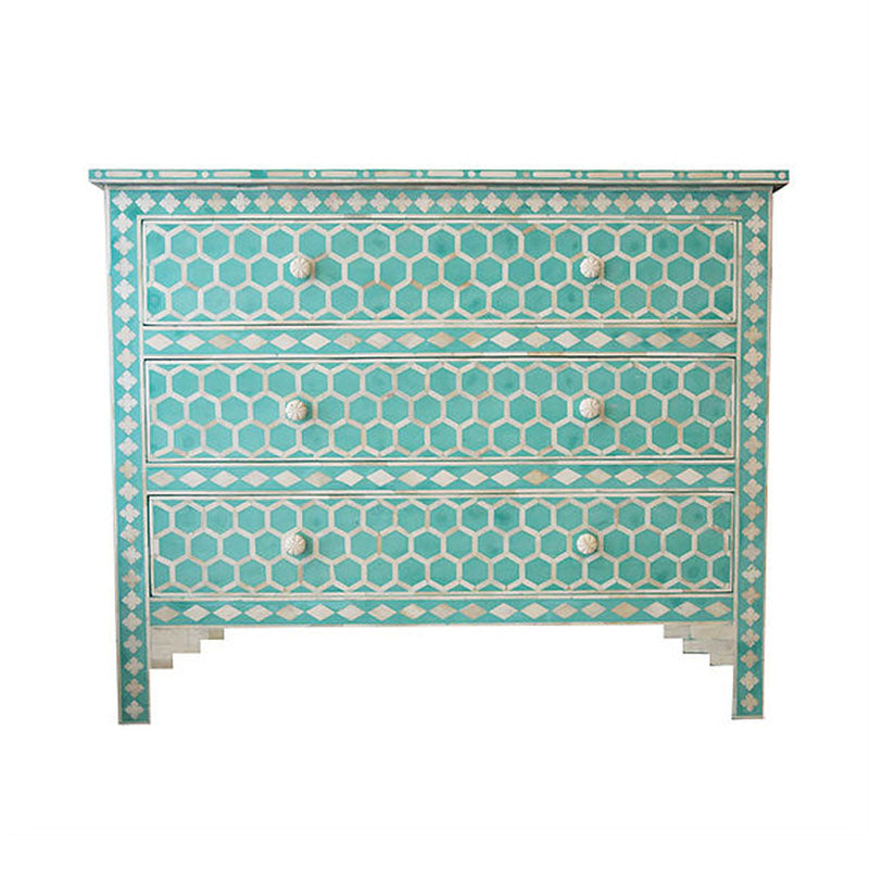Honey Comb Design Bone Inlay 3 Drawer Chest in Turquoise - Notbrand