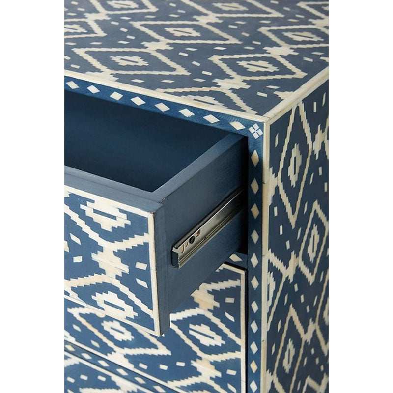 Ikkat Design Handmade Bone Inlay Chest of 3 Drawers Table in Blue - Notbrand