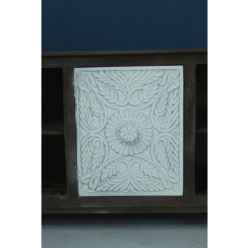 Jamna Hand-Carved 3 Floral Design Door Sideboard - Brown - Notbrand