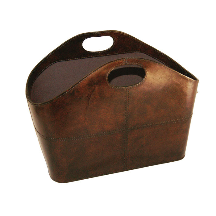 Dwell Dark Leather Magazine Basket with Handle - Notbrand