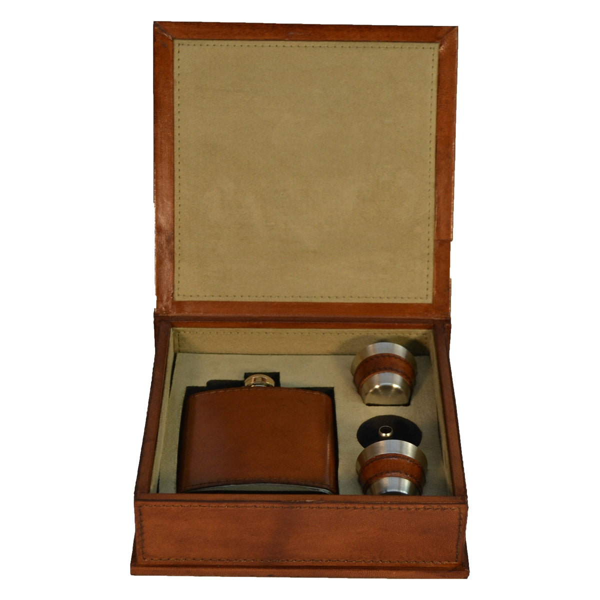 Sancho 177ml Hip Flask Box Set in Tan Leather - 4 Piece - Notbrand