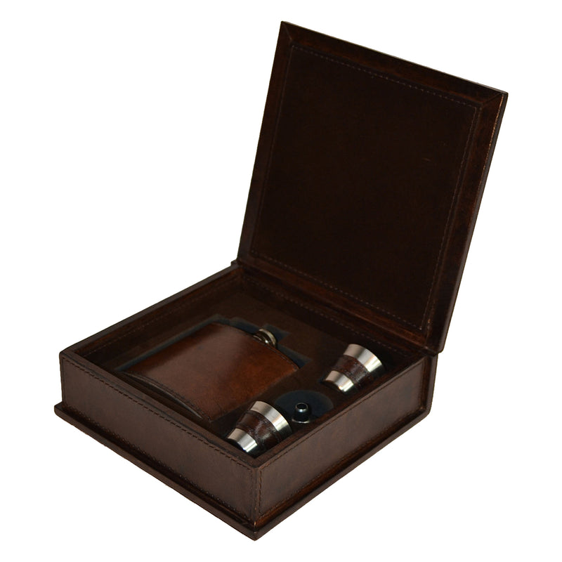 Sancho 177ml Hip Flask Box Set in Dark Leather - 4 Piece - Notbrand