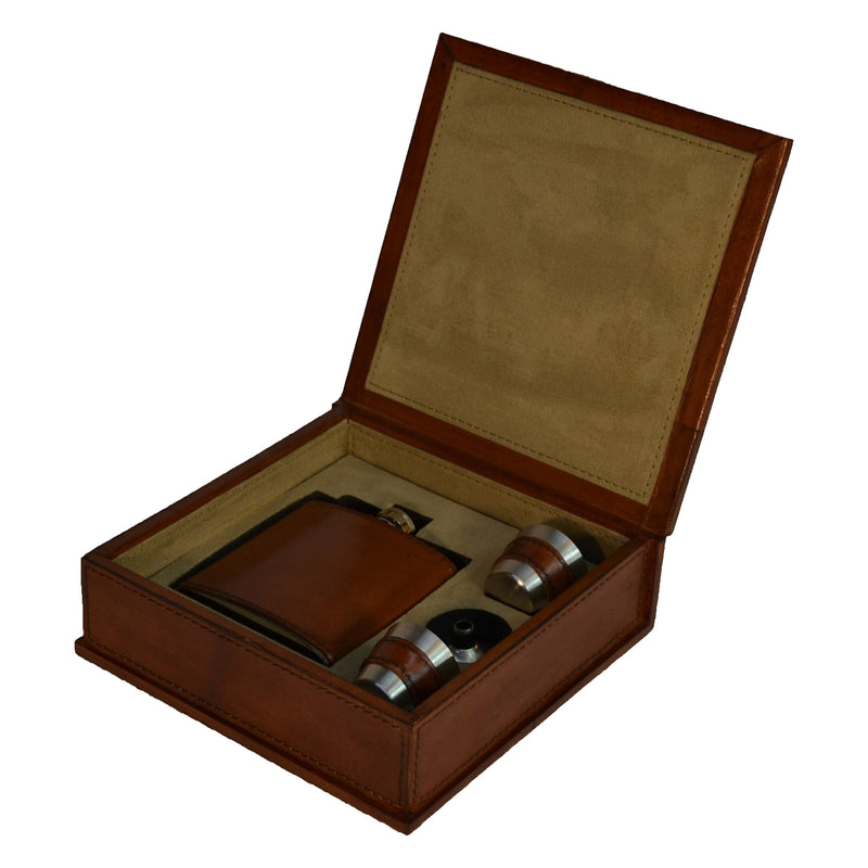 Sancho 177ml Hip Flask Box Set in Tan Leather - 4 Piece - Notbrand