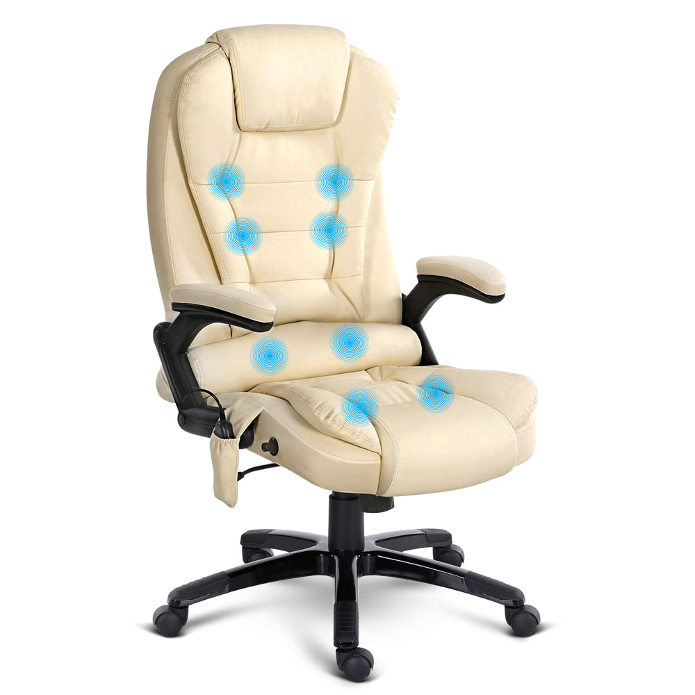 PU Leather 8 Point Reclining Massage Office Chair - Beige - Notbrand
