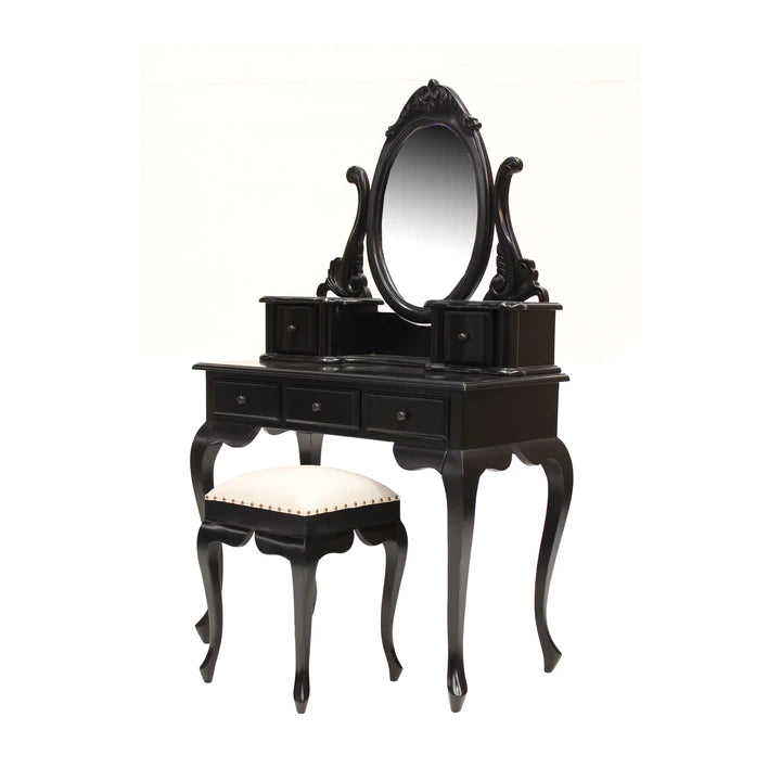 Paris Mindy Wood  Mirror Dressing Table With Stool - Black - Notbrand